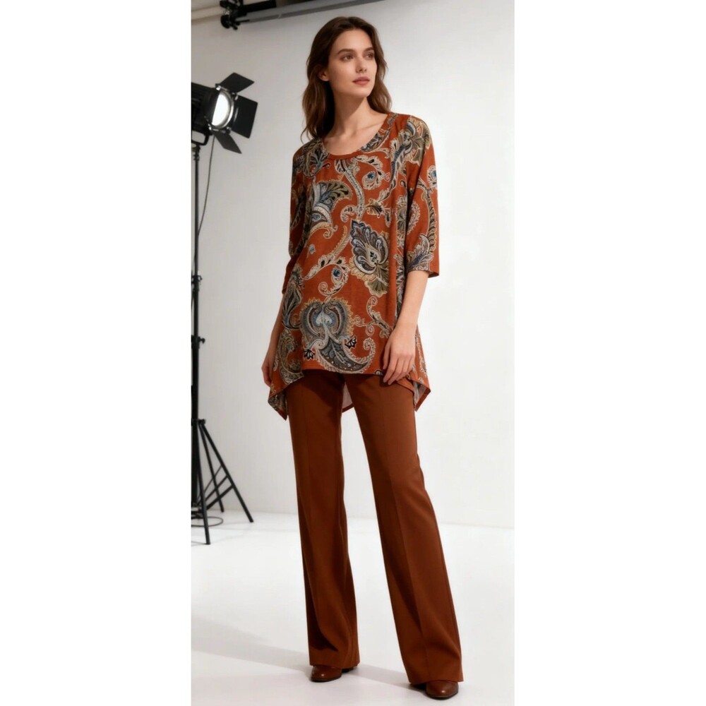 Dressingudy Womens Brown/Blue/Green/White Paisley Knit Scoop Neck Tunic Blouse
